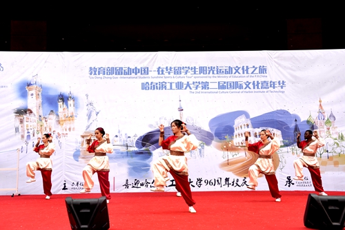 我校留学生在体育艺术展示环节表演“五禽戏”